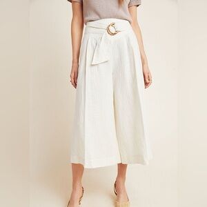 Anthropologie Palm Beach Belted Pinstripe Wide Leg Coulotte Pants Cream Size 8